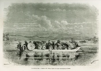 Un barco en el río de Hue (Vietnam), ilustración de la historia de ocho días de embajada en Hue (Reino de Annam), en 1875, por el Sr. Brossard de Corbigny, teniente (N), adjunto a la misión. Grabado en Le tour du monde