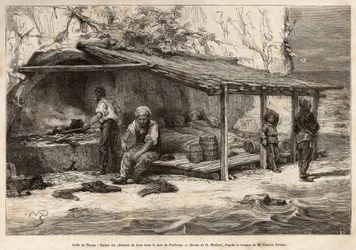 Una cabaña de pesca de atún en la bahía de Proelucca, Golfo de Fiume (o Rijeka, Istria), tres de los pescadores aún duermen, envueltos en mantas, otro se equipará y reemplazará al vigía, otro preparará la cocina y el musgo deambula al pie de