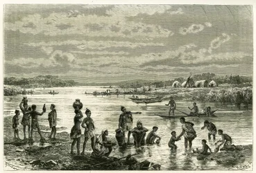 Vida en las orillas del río Zambeze, los marutses se preocupan mucho por su limpieza y el lavado para ellos es una actividad de primera necesidad. Grabado de Th. Weber, ilustración de la historia “En el país de los Marutses”, en 1875-1879, por el Dr. Emile