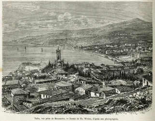 La ciudad de Yalta, tomada desde Massandra, dibujo de Th.Weber, para ilustrar la historia Cuatro Meses en Rusia, en 1876, por F. De Mely. Grabado en Le tour du monde