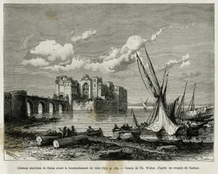 El castillo marítimo de Sidón antes del bombardeo de 1840. Grabado de Th. Weber, para ilustrar la historia La Siria de hoy, por M.Lortet, decano de la Facultad de Medicina de Lyon, encargado de una misión científica por el Ministerio de Educación Pública