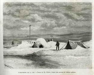 El observatorio meteorológico fue instalado en la bahía de Koljutschin (círculo polar), mientras el barco La Vega estaba atrapado en el hielo y la tripulación se preparaba para invernar. Grabado por Th. Weber, ilustración de la historia “Viaje de la Vega a