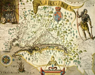 Sloane MS 1622 Mapa de Virginia, que muestra en la parte superior izquierda una imagen del Jefe Powhatan por John Smith (1580-1631) 1624 (grabado a mano)