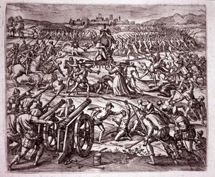 Un monje dominico, sintiéndose burlado por el rey inca Atahualpa (Atabaliba), anima a Francisco Pizarro a buscar venganza. Grabado