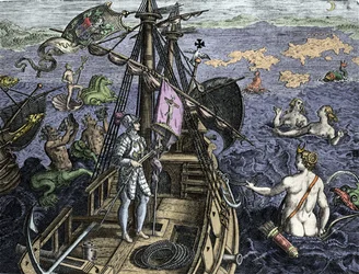 Alegoría de los viajes de Cristóbal Colón (1451-1506), grabado de “Historia Americae sive Novi Orbis” de Theodor de Bry (1527-1598), Ámsterdam 1594