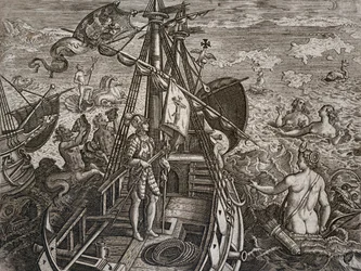 Alegoría del viaje de Cristóbal Colón al descubrimiento del Nuevo Mundo, grabado de Theodor de Bry (1528-1598)