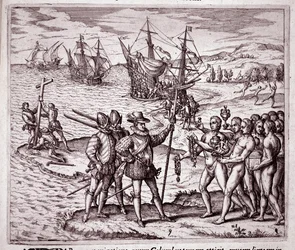 Llegada de Cristóbal Colón a la isla de La Española en las Indias Occidentales (Grabado)