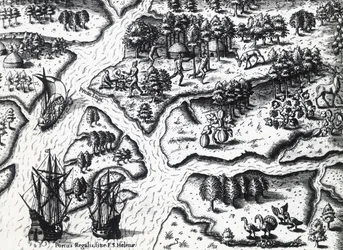 Llegada de los franceses a Port Royal en 1564, por Theodor de Bry basado en una pintura de Jacques le Moyne de Morgues, grabado