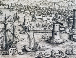 Llegada de Girolamo Benzoni al puerto de La Palma, grabado de Historia Americae, por Theodor de Bry (1528-1598), Frankfurt