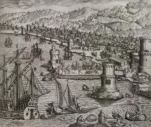 Llegada de Girolamo Benzoni al puerto de Las Palmas durante su viaje a las Américas, Islas Canarias, grabado por Theodor de Bry