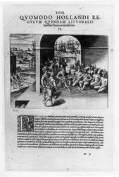 Llegada de los dirigentes neerlandeses a Guinea: la negociación para la compra de esclavos destinados a ser revendidos a los conquistadores españoles, de «Petits Voyages», 1585-88