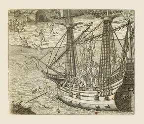 Bartolomeo Díaz colgando a algunos indios en carabela, grabado por Theodor de Bry (1528-1598) de Americae pars quarta