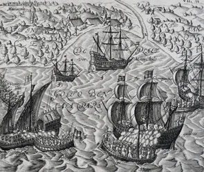 Batalla frente a la ciudad de Matical en la Bahía de Bengala, grabado de Indiae Orientalis por Theodor de Bry