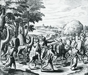 Caravana de comerciantes árabes viajando de Alepo a Basora, grabado de Grands and Petits Voyages, por Theodor de Bry, Medio Oriente