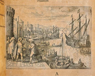 Carabelas partiendo hacia el Nuevo Mundo, España, grabado de Theodor de Bry