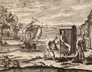Sedán chino, India Oriental, grabado de una obra de Theodor de Bry (1528-1598), China