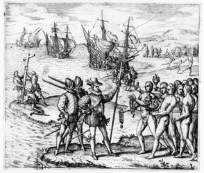Cristóbal Colón (1451-1506) recibe regalos del cacique Guacanagari en La Española (Haití), de «Americae Tertia Pars IV», 1594