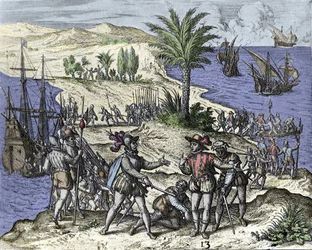 Cristóbal Colón y su hermano fueron arrestados por Francisco de Bobadilla en 1500. Grabado de Théodore de Bry (1528-1598).