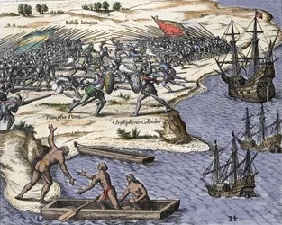 Cuarto viaje de Cristóbal Colón a Jamaica en 1502-1504: batalla contra Francisco Poraz. Grabado de "Historia Americae sive Novi Orbis" de Theodor de Bry (1527-1598), Ámsterdam 1594