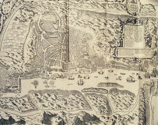 Ciudad de Goa en India, Grabado de Theodor de Bry (1528-1598) del relato de viaje del marinero Jan Huyghen van Linschoten a la India portuguesa 1579-1592), siglo XVI