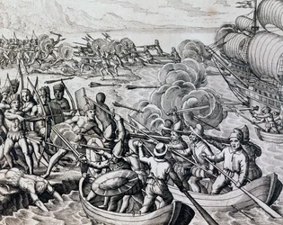 Choque entre indios nativos y tropas españolas, grabado de Historia Americae, por Theodor de Bry (1528-1598), Frankfurt