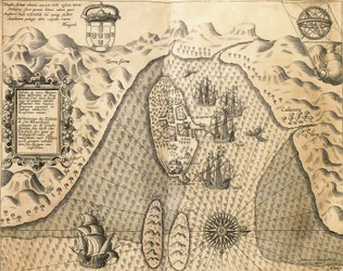 Costas de Mozambique de, Las Indias Orientales por Johannes Hugonis Linschooten y Theodore de Bry, grabado