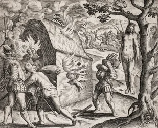 Descripción de crímenes infligidos a los indios por colonos españoles - Incendio de una aldea india por los conquistadores. Ahorcamiento - Grabado de Theodore de Bry en “Narratio regionum indicarum per Hispanos quosdam devastatarum verissima” de Bartolomé 