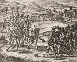 Descripción de crímenes infligidos a los indios por colonos españoles - Indios trayendo regalos y oro a los Conquistadores - Grabado por Theodore de Bry en “Narratio regionum indicarum per Hispanos quosdam devastatarum verissima” por Bartolomé de las Casas