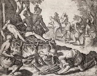 Descripción de los crímenes infligidos a los indios por los colonos españoles - Escena de tortura de indios por conquistadores españoles. Tortura en una parrilla, amputación de manos - Grabado de Theodore de Bry en 