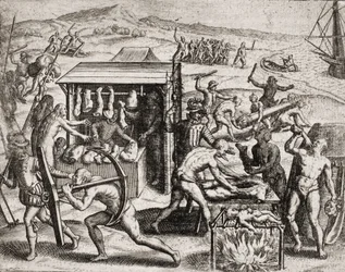 Descripción de crímenes infligidos a los indios por colonos españoles - Conquistadores españoles haciendo trabajar a los indios y maltratándolos - Indios antropófagos - Grabado de Theodore de Bry en “Narratio regionum indicarum per Hispanos quosdam devasta