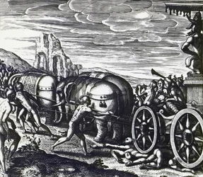 Devotos siendo aplastados por un carro durante la procesión de un ídolo, por Theodor de Bry (1528-1598), grabado