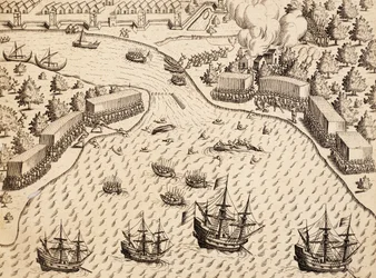 Holandeses llegando a la isla de Madura, Java, grabado de India Orientalis, por Theodor de Bry, Indonesia