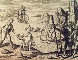 El capitán holandés Sebalt de Weert desembarcando en la costa de Guayana, de Historia americae, por Theodor de Bry (1528-1598), Frankfurt