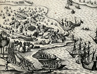 Expedición holandesa a lo largo de la costa de Mozambique, grabado de India orientalis por Theodor de Bry