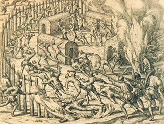 Conquistadores europeos atacando una aldea india, Ilustración de Historia Americana de Theodore de Bry