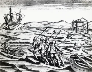 Expedición liderada por William Barents en busca del Paso del Noreste, de Peregrinationes, por Theodor de Bry, grabado