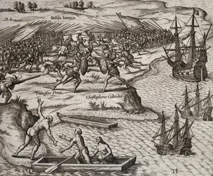 Lucha entre Cristóbal Colón y Francesco Poresio en Jamaica, grabado por Theodor de Bry (1528-1598)