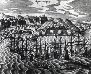 Flota de galeones en el puerto de Acapulco, por Theodor de Bry (1528-1598), grabado
