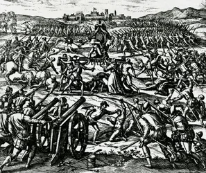 Tropas de Francisco Pizarro capturando al emperador inca Atahualpa durante la Batalla de Cajamarca, 16 de noviembre