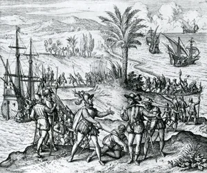 Francisco de Bobadilla llegando como gobernador y arrestando a Cristóbal Colón (1451-1506) en La Española, 1500, 1590