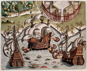 Historia de América: "Batalla entre las flotas portuguesas y las flotas francesas frente a las costas de Brasil en los mares de Potiguaran" Relato de los viajes de Hans Staden, explorador alemán que partió con las flotas españolas a Brasil, capturado por l