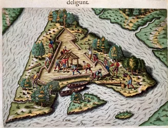 Historia de América: "Construcción de un fuerte triangular por los ejércitos franceses de Jean Ribault cerca del río St John en Florida". Grabado de "Admirante Narratio Americae" (Historia de América) por Theodore de Bry (1528-1598)