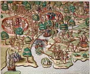 Descripción de métodos de asedio y ataque, indios luchando contra ejércitos españoles. Relato del cautiverio de Hans Staden, explorador alemán que partió con las flotas españolas a Brasil, capturado por los indios Tupinamba. Grabado de 