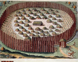 Historia de América: “Representación de un pueblo indio fortificado en Florida” Grabado de “Admirante Narratio Americae” por Theodore de Bry (1528-1598)