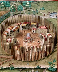 Representación de la ciudad fortificada Pomeiock o Pomeiooc en Virginia en 1585. Grabado de 