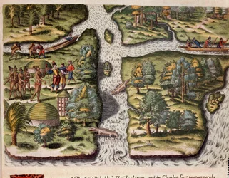 Historia de América: “Los franceses de la expedición de Jean Ribault (o Ribaut) se establecen en Charlesfort (Fuerte Carolina) y proporcionan alimentos a los indios de Florida, se representan caimanes en los ríos” Grabado de “Admirante Narratio Americae” (