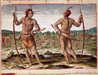 Dos habitantes de Virginia, armas indígenas de flechas y arco. Grabado de 