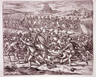 Historia de América: luchas entre los ejércitos de Vaca de Castro y Almagro el Joven tras la muerte de Francisco Pizarro y Diego de Almagro (Grabado)