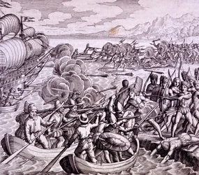 Cómo los españoles desembarcaron en la isla de Haití, con 400 hombres lo que llevó a una gran batalla con los nativos, ilustración de 