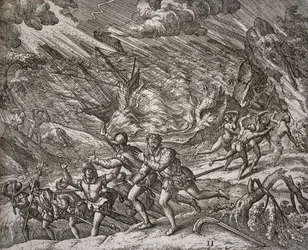 Huracán hundiendo la Santa María, carabela de Cristóbal Colón